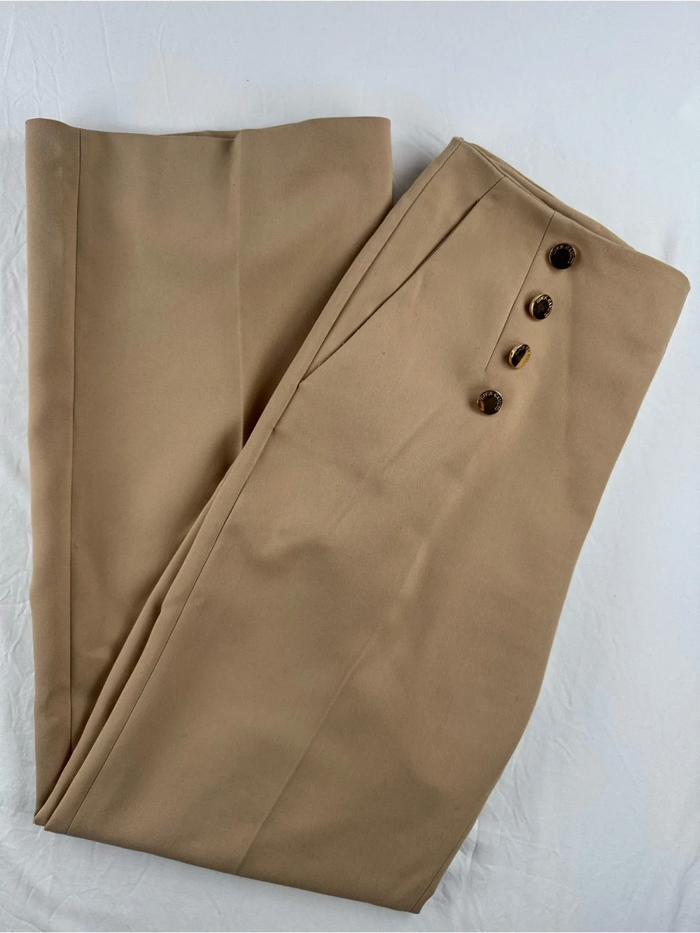 Vince Camuto Tan High-Waist Tailored Trousers with Gold Buttons - Picture 4 of 7